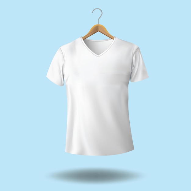 Leeres weißes T-Shirt hängt auf einem Holzhänger vor einem hellblauen Hintergrund