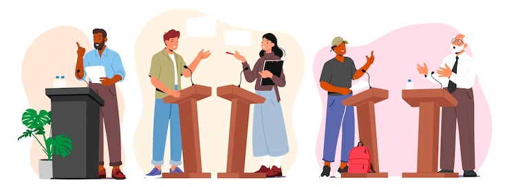 Vektor legen sie das konzept der politischen debatten mit kandidaten fest, die hinter den schreibtischen sprechen, um für die führung zu kämpfen und die macht zu erobern