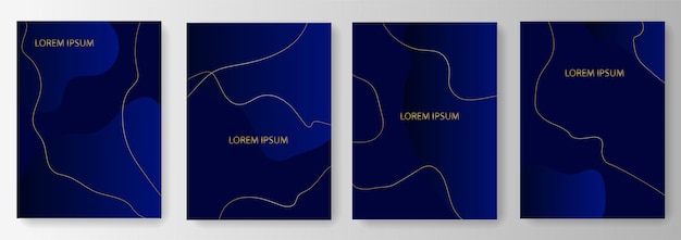Legen Sie eine Sammlung moderner blauer Farbverlaufshintergründe mit goldenen Linien fest