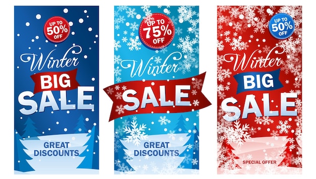 Vektor legen sie helle vertikale sale roll-up auf dem hintergrund des winterschneewaldes fest