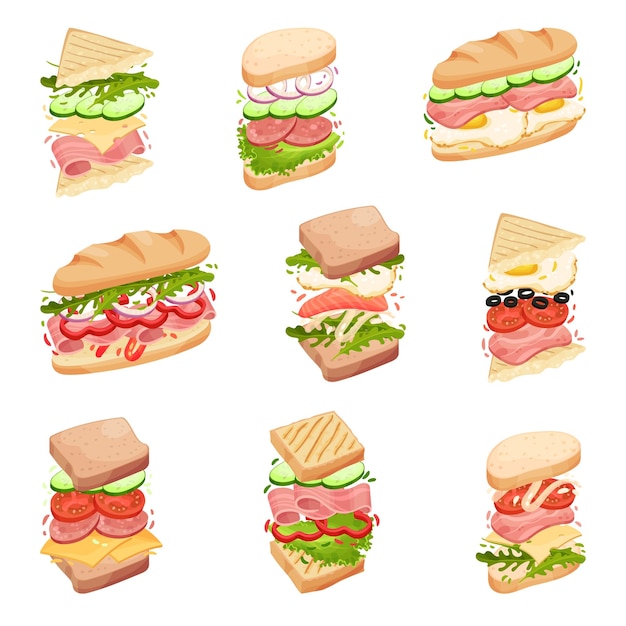 Vektor legen sie sandwiches in ein laib, quadratische und dreieckige toasts mit verschiedenen füllungen. speck-käse-salat-tomaten-vektorillustration