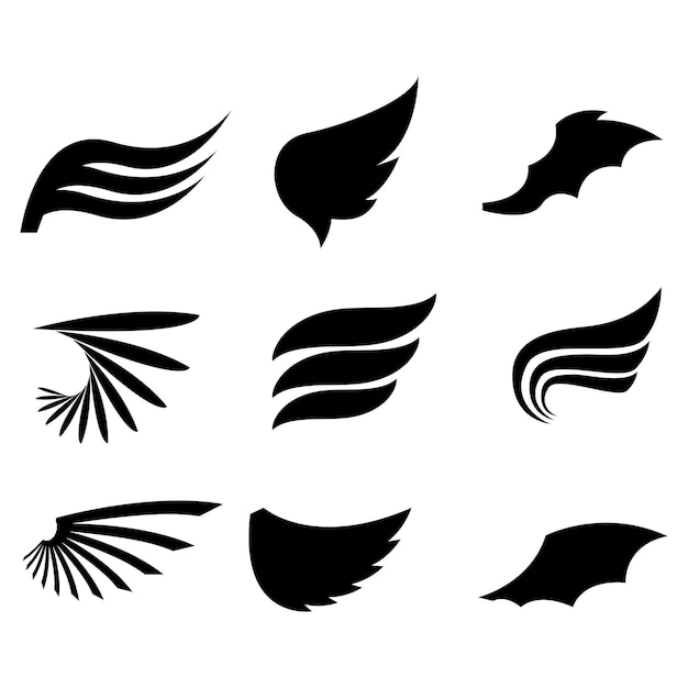 Legen Sie schwarze Linie flache Sammlung Flügel Vektor Icon Feder Design Stil Dekoration Cartoon