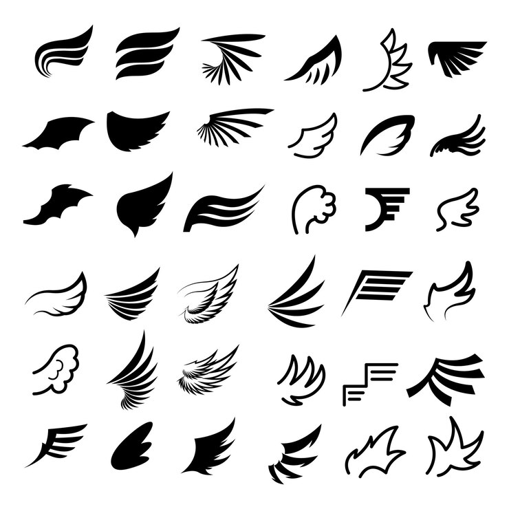 Legen Sie schwarze Linie flache Sammlung Flügel Vektor Icon Feder Design Stil Dekoration Cartoon