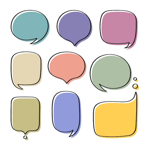 Legen Sie verschiedene handgezeichnete bunte Sprechblase fest Chat sprechen Sie Nachricht Leerer leerer Kommentar Vektorillustrationsdesign
