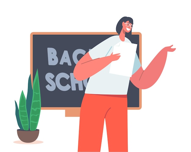 Lehrer im klassenzimmer in der nähe von blackboard teaching lesson. jungprofessor an der universitätsklasse. frau mit papier in den händen stehen an der tafel unterrichten studenten. cartoon-menschen-vektor-illustration