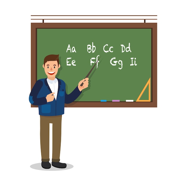 Lehrer Stand in der Nähe von Blackboard auf weißem Hintergrund.