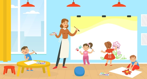Lehrer unterrichtet Kinder beim Malen Kinder malen im Kindergarten oder in der Schule Frühe Entwicklung Konzept Vektorillustration