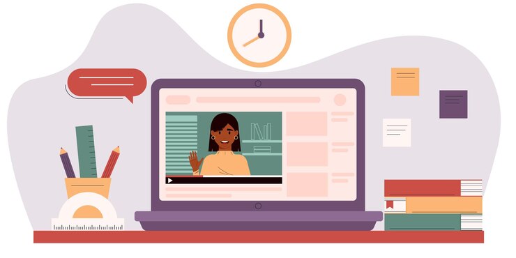 Vektor lehrerin am laptop-bildschirm elearning-video-tutorials online-bildungskonzept