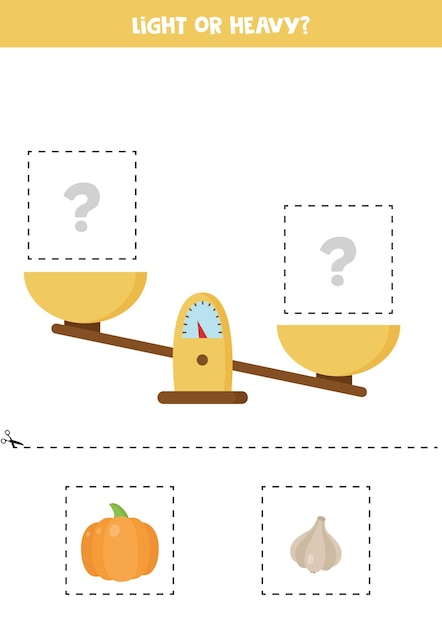 Leicht oder schwer. pädagogisches arbeitsblatt mit skalen. einführung von gewicht für kinder.