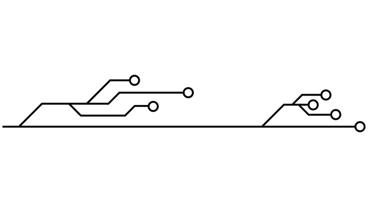 Leiterplatten-Leiterbahnen isoliert auf weißem Hintergrund. Technische Cliparts mit Linien und Ringen an den Enden. Trennwände für Design. Vektor-Designelement