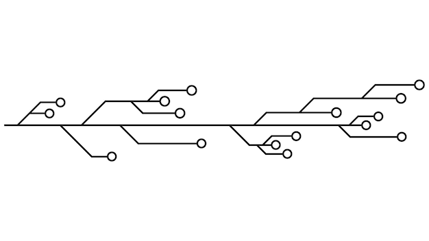 Leiterplatten-Leiterbahnen isoliert auf weißem Hintergrund. Technische Cliparts mit Linien und Ringen an den Enden. Trennwände für Design. Vektor-Designelement