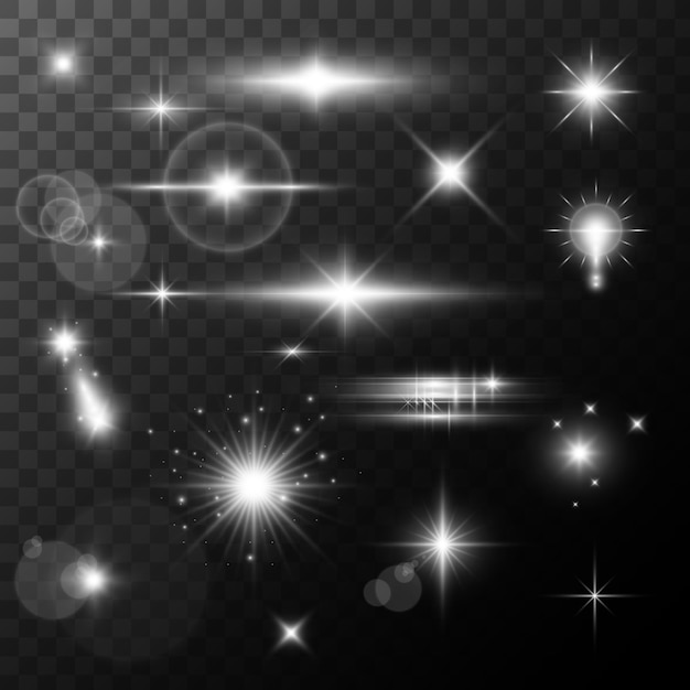 Lens Flare, Glühlichteffekt. Sonne oder realistisch leuchtender Stern mit Highlight-Effekt. Bokeh Glitter und Pailletten oder funkelt auf transparentem Hintergrund.
