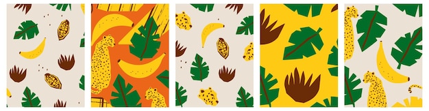 Vektor leopardenkopf mit tropischen blättern, bananen und kakao
