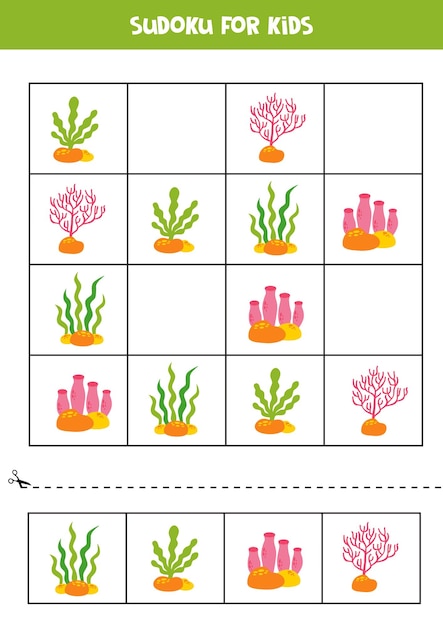 Lern-sudoku-spiel für kinder mit süßen algen