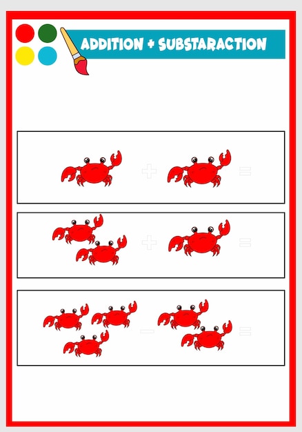 Lernen von addition und subtraktion für kinder, süße krabbe