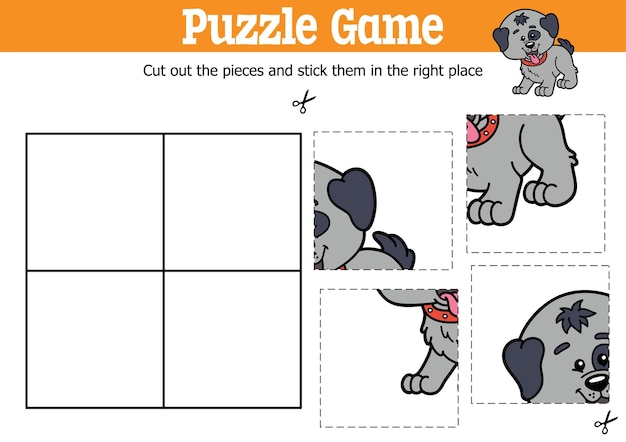 Lernpuzzlespiel für kinder zum schneiden und kleben von teilen mit cartoon-hundefigur