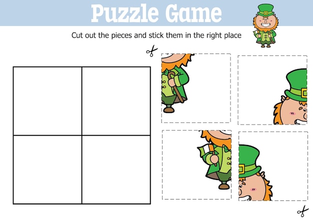 Lernpuzzlespiel für kinder zum schneiden und kleben von teilen mit cartoon-leprechaun-charakter