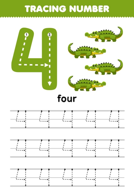 Lernspiel für kinder, das nummer vier mit niedlichem cartoon-krokodil-bild zum ausdrucken als arbeitsblatt für tiere verfolgt
