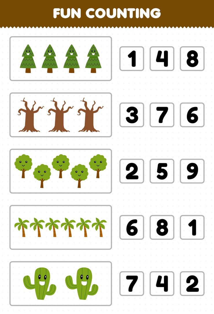 Vektor lernspiel für kinder, das spaß beim zählen und auswählen der richtigen anzahl von niedlichen cartoon-baum-natur-arbeitsblättern zum ausdrucken hat