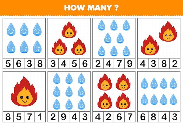 Lernspiel für kinder, die zählen, wie viele niedliche cartoon-feuer oder wasser in jedem druckbaren naturarbeitsblatt enthalten sind