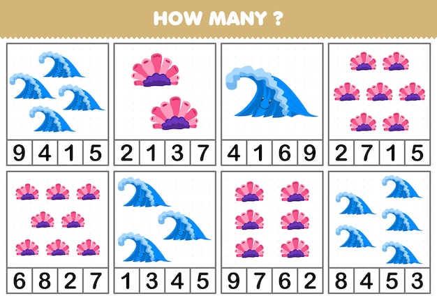 Lernspiel für Kinder, die zählen, wie viele niedliche Cartoon-Wellen oder Korallen in jedem druckbaren Naturarbeitsblatt enthalten sind
