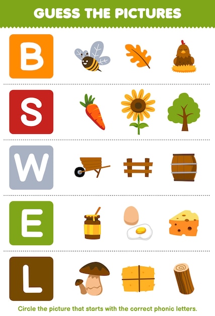 Vektor lernspiel für kinder erraten sie das richtige bild für das lautwort, das mit den buchstaben bswe und l beginnt. arbeitsblatt zum ausdrucken auf dem bauernhof