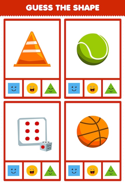 Lernspiel für kinder erraten sie die form geometrische figuren und objekte quadrat würfel kreis tennis basketball dreieck verkehrskegel arbeitsblatt