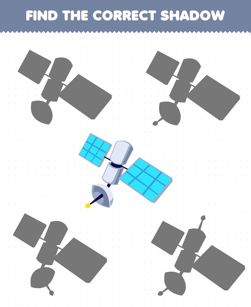 Lernspiel für kinder finden sie den richtigen schattensatz des niedlichen cartoon-satelliten des sonnensystems