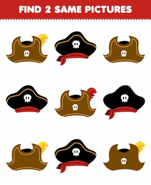 Lernspiel für Kinder finden Sie zwei gleiche Bilder von niedlichen Cartoon-Hut druckbaren Piraten-Arbeitsblatt