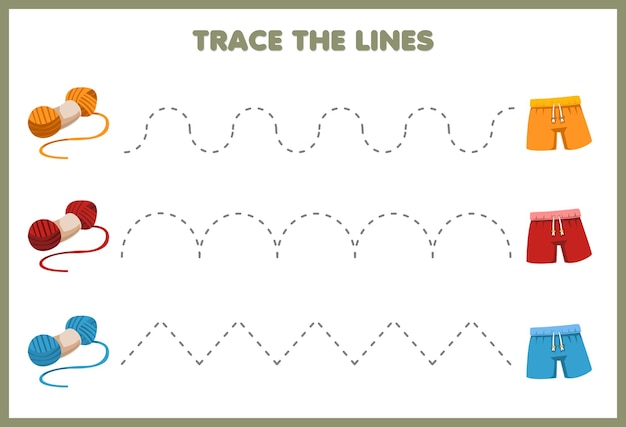 Vektor lernspiel für kinder handschrift üben die linien stricken tragbare kleidung hose form garn