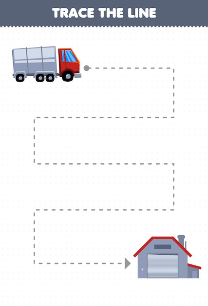 Lernspiel für kinder, handschriftübungen, verfolgen sie die linien, helfen sie, den transportwagen zum lager zu bewegen