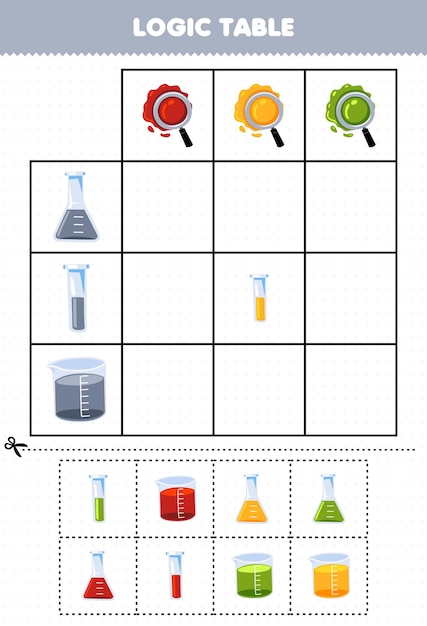 Lernspiel für kinder logiktabelle cartoon-kolbenbecher und reagenzglas stimmen mit dem druckbaren werkzeugarbeitsblatt in der richtigen farbe überein