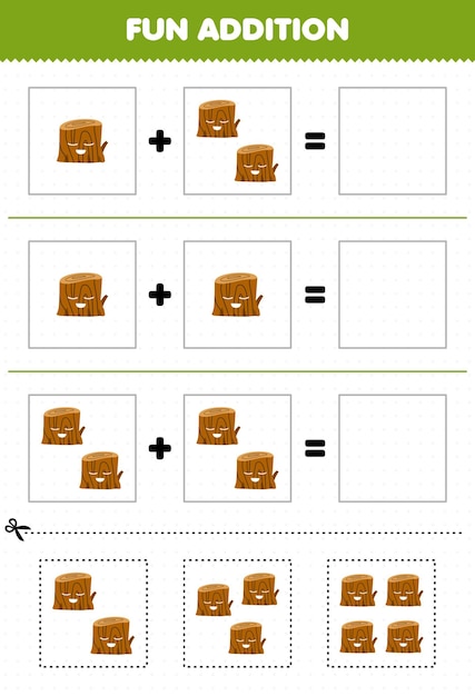 Lernspiel für kinder, lustige ergänzung durch schneiden und anpassen von niedlichen cartoon-holzscheitbildern für druckbares naturarbeitsblatt