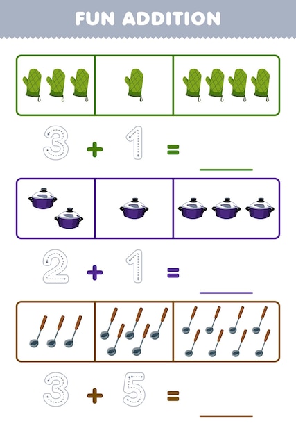 Vektor lernspiel für kinder, lustige ergänzung durch zählen und verfolgen der anzahl der niedlichen cartoon-ofen-handschuh-topf-schöpfkelle, druckbares werkzeug-arbeitsblatt