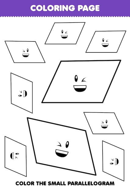 Lernspiel für kinder malvorlagen großes oder kleines bild der geometrischen form parallelogramm strichzeichnungen druckbares arbeitsblatt