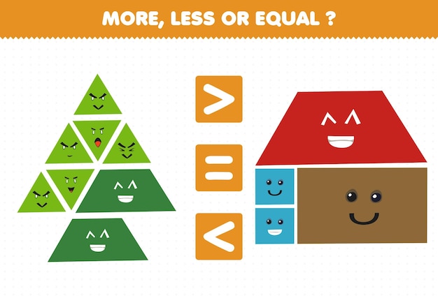 Lernspiel für kinder mehr weniger oder gleich zählen die menge der niedlichen cartoon geometrische form dreieck trapez quadrat rechteck