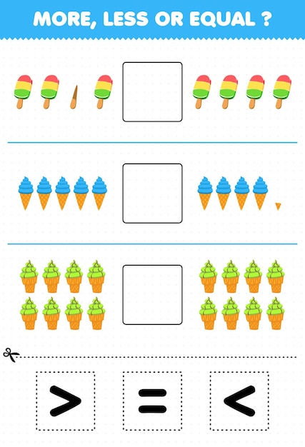 Lernspiel für kinder mehr weniger oder gleich zählen sie die menge an cartoon-eis am stiel, schneiden sie dann und kleben sie das richtige zeichen