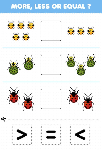 Lernspiel für Kinder mehr weniger oder gleich zählen Sie die Menge des niedlichen Cartoon-Marienkäfers, dann schneiden und kleben Sie das richtige Zeichenfehler-Arbeitsblatt
