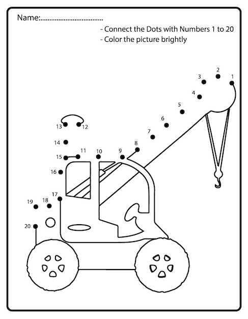 Lernspiel für kinder punkt-zu-punkt-spiel für kinder cartoon-baumaschinen