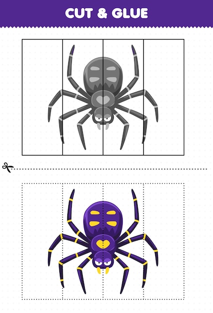 Lernspiel für kinder schneiden und kleben mit niedlichem cartoon-spinnen-käfer-arbeitsblatt zum ausdrucken