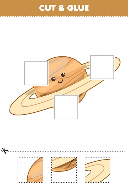 Lernspiel für kinder schneiden und kleben sie ausgeschnittene teile des niedlichen cartoon-sonnensystems des saturn-planeten und kleben sie sie auf ein druckbares arbeitsblatt