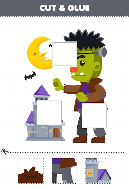 Lernspiel für kinder schneiden und kleben sie geschnittene teile des niedlichen cartoon-frankenstein-kostüms und kleben sie sie druckbares halloween-arbeitsblatt