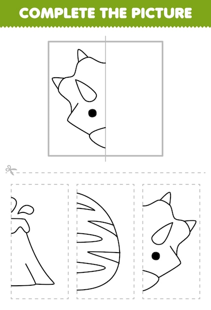 Lernspiel für kinder. schneiden und vervollständigen sie das bild eines niedlichen cartoon-xenoceratops-kopfes mit halbem umriss zum ausmalen eines druckbaren prähistorischen dinosaurier-arbeitsblatts