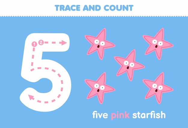 Lernspiel für kinder, spaß beim zählen von fünf rosa seesternen zum ausdrucken unter wasser arbeitsblatt