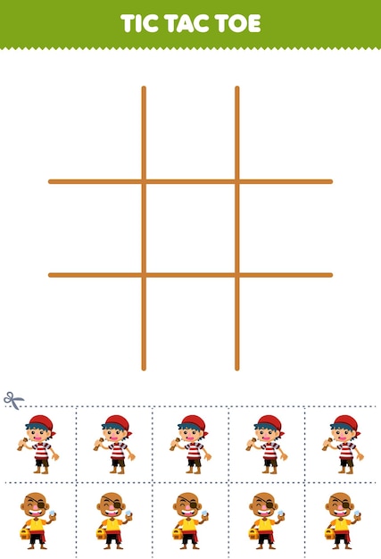 Lernspiel für kinder, tic-tac-toe-set mit niedlichem cartoon-jungen und kahlköpfigem bild, druckbarem piraten-arbeitsblatt