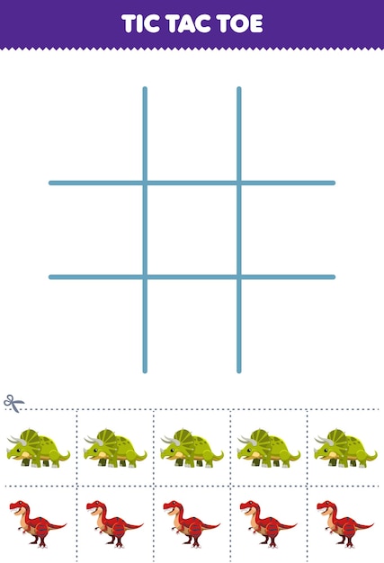 Lernspiel für kinder, tic-tac-toe-set mit niedlichen cartoon-triceratops und tyrannosaurus-bildern, druckbares, tragbares prähistorisches dinosaurier-arbeitsblatt