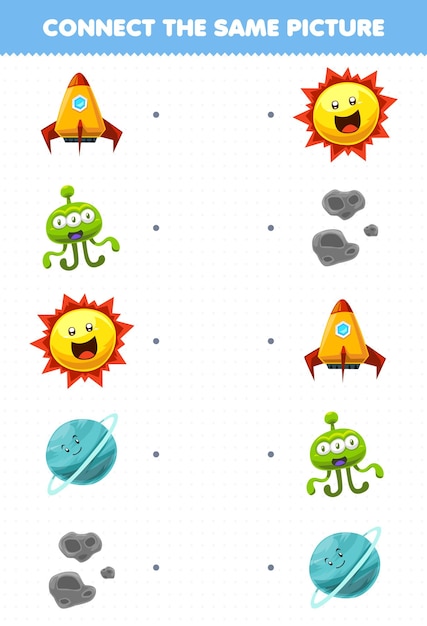 Lernspiel für kinder verbinden sie das gleiche bild des niedlichen cartoon-sonnensystem-raketen-alien-sonne-uranus-asteroiden-druckarbeitsblatts