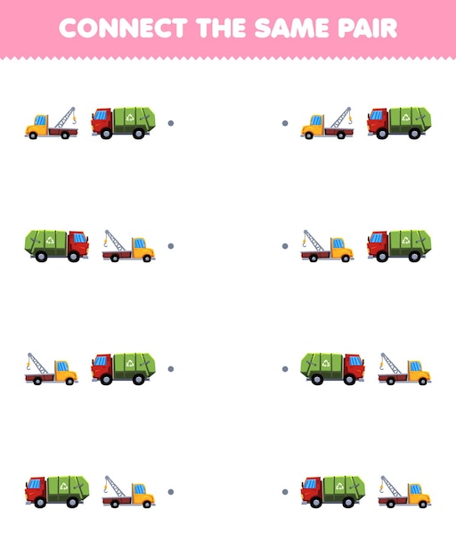 Lernspiel für kinder verbinden sie das gleiche bild eines niedlichen cartoon-abschleppwagens und eines druckbaren transportarbeitsblatts für müllwagenpaare