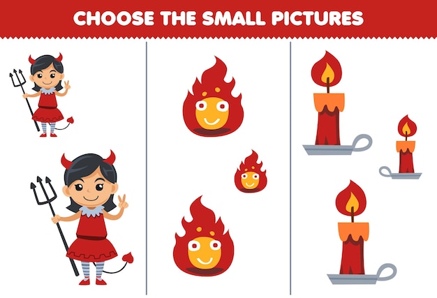 Lernspiel für kinder wählen sie das kleine bild des niedlichen cartoon-rotfeuer-kerze-teufel-mädchen-kostüms zum ausdrucken des halloween-arbeitsblatts