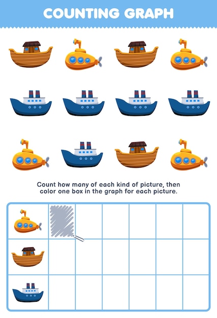 Lernspiel für kinder zählen sie, wie viele niedliche cartoon-u-boot-archenschiffe dann das kästchen im druckbaren transportarbeitsblatt ausmalen
